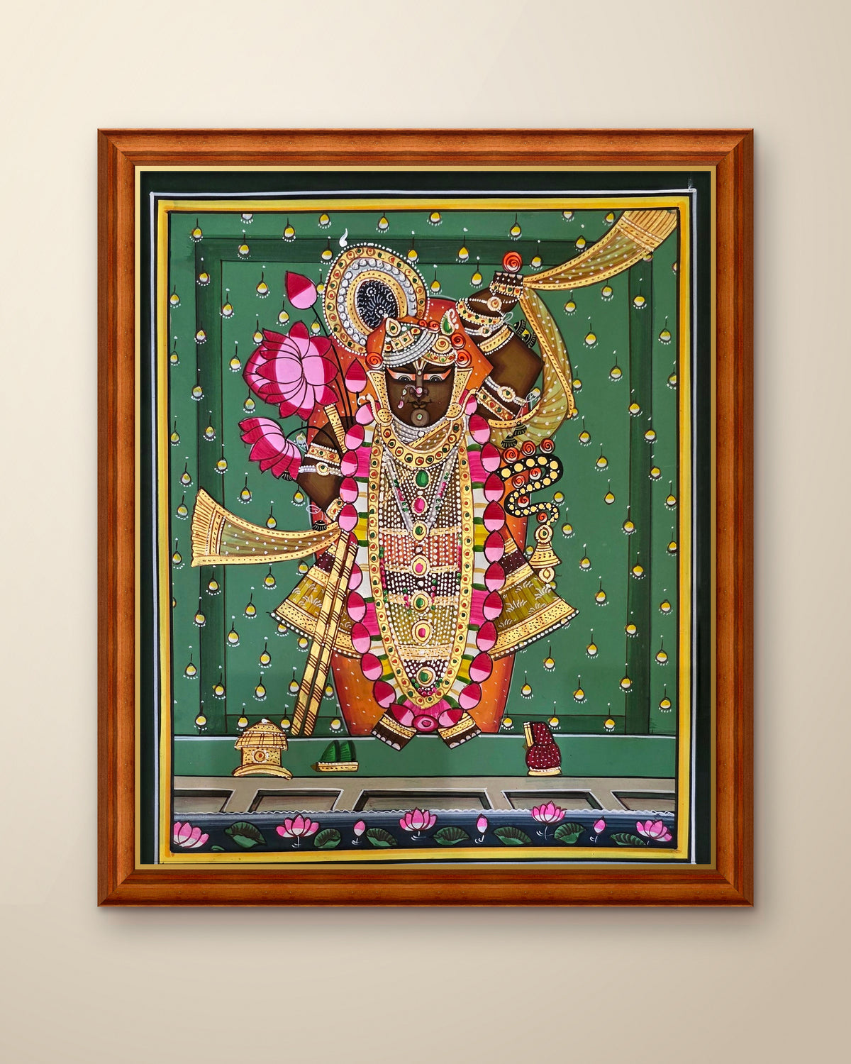 Shrinathji Shringar - Emerald Pichwai shown in a teak wood frame (frame sold separately)