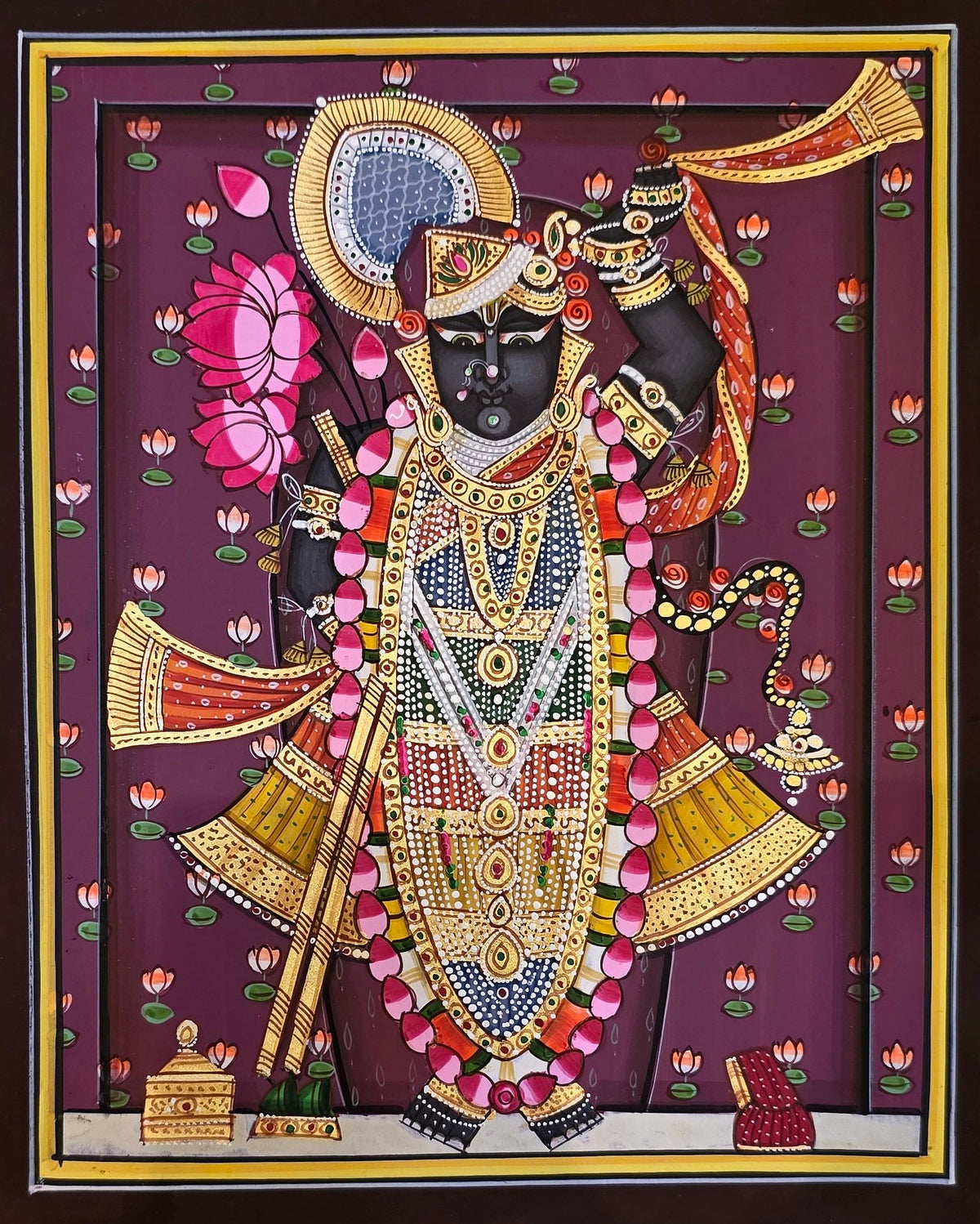 Shrinathji Shringar - Royal Plum Pichwai – hand-painted Pichwai on art paper, 9 x 11 inch, full view (unframed)