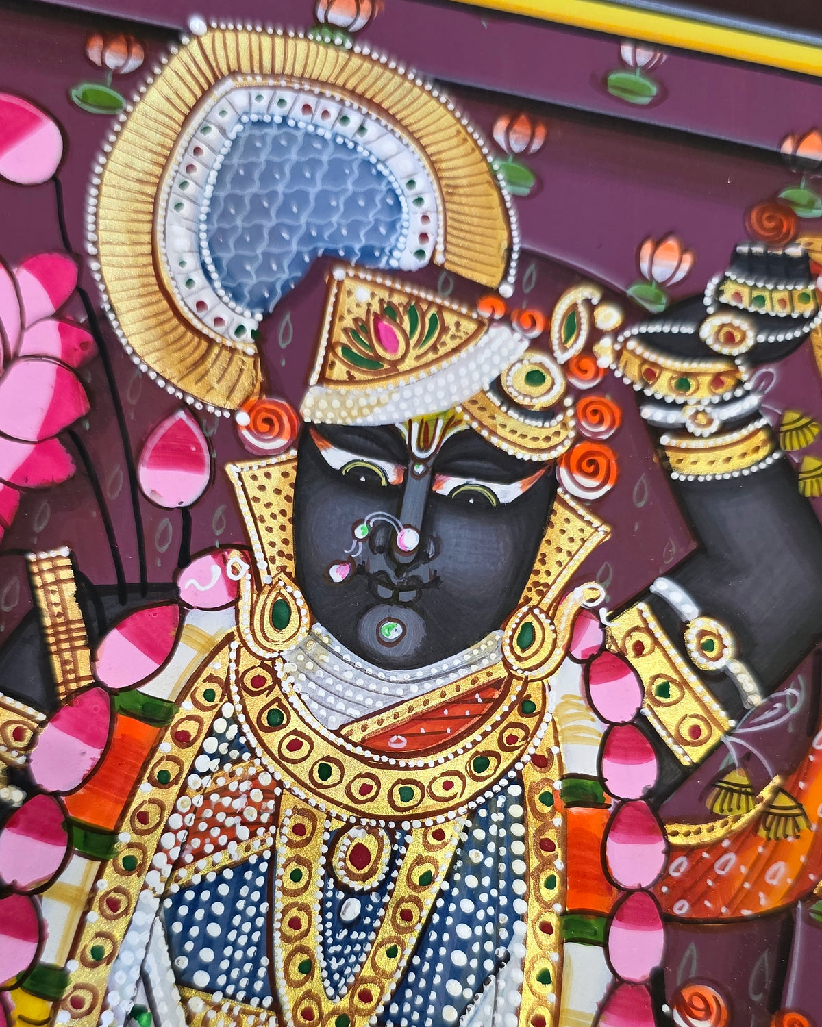 Shrinathji Shringar - Royal Plum Pichwai – close-up of hand-painted detail 1