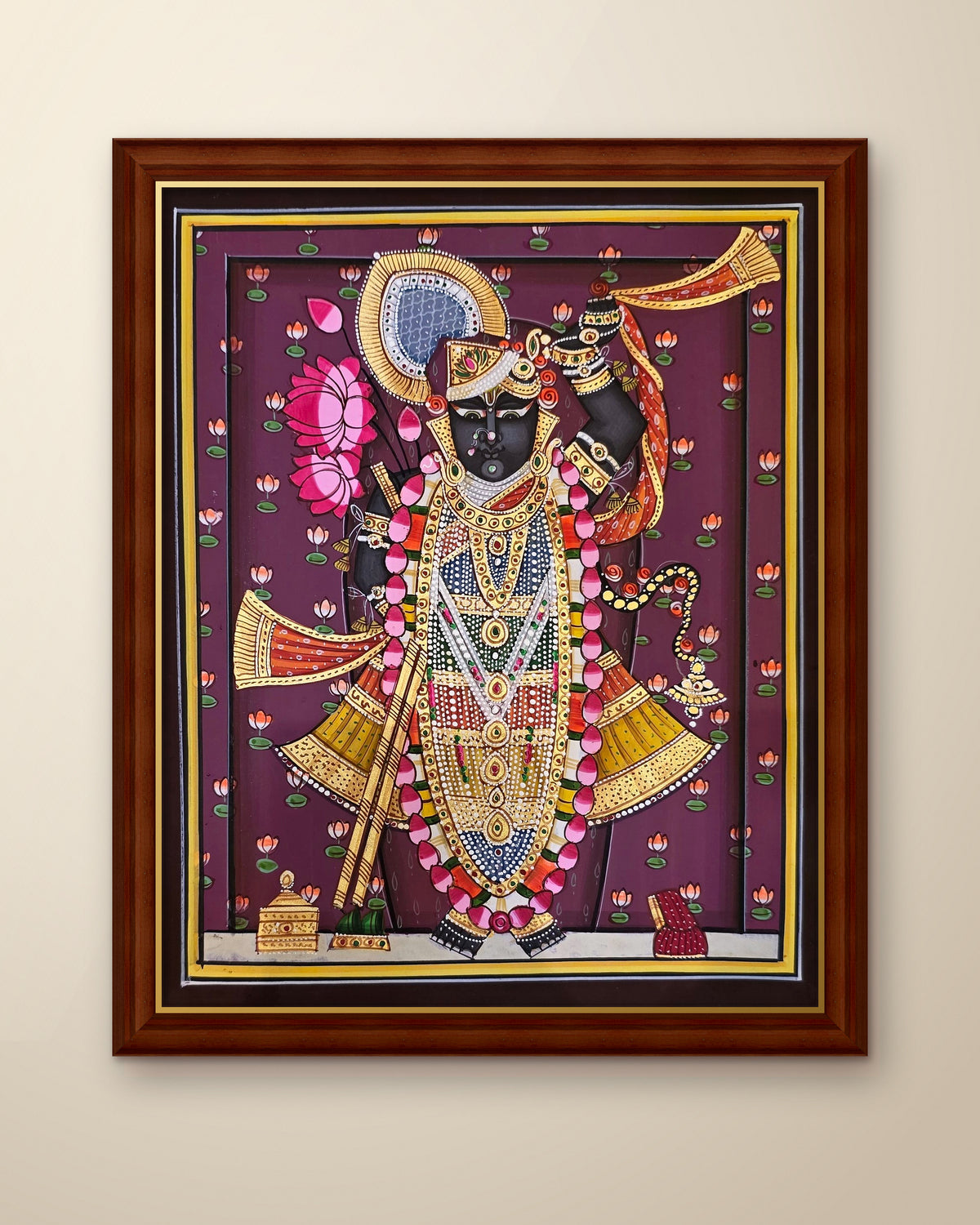 Shrinathji Shringar - Royal Plum Pichwai shown in a walnut wood frame (frame sold separately)