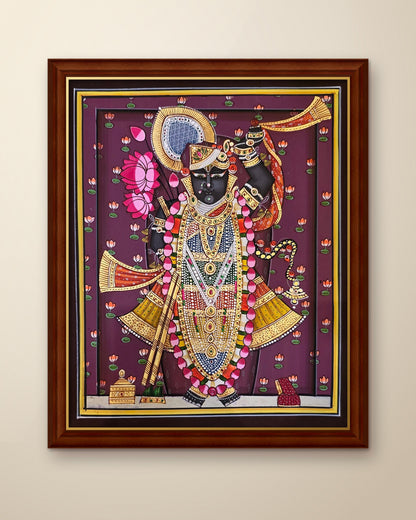 Shrinathji Shringar - Royal Plum Pichwai shown in a walnut wood frame (frame sold separately)