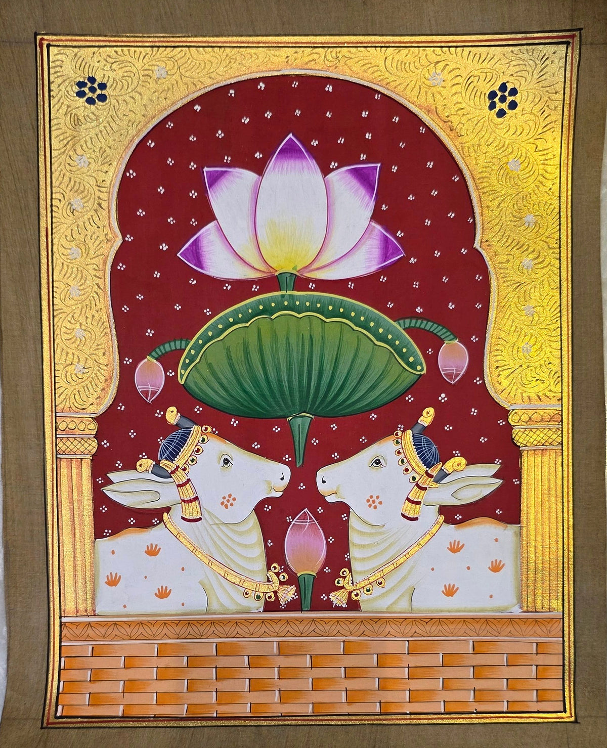 Twin Gaumata Under the Golden Arch - Maroon Pichwai – hand-painted Pichwai on cloth, 11.5 x 14 inch, full view (unframed)