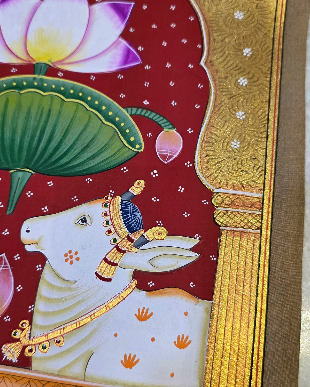 Twin Gaumata Under the Golden Arch - Maroon Pichwai – close-up of hand-painted detail 1