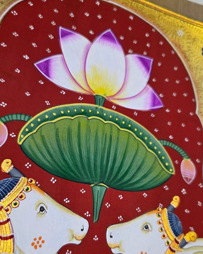 Twin Gaumata Under the Golden Arch - Maroon Pichwai – close-up of hand-painted detail 2
