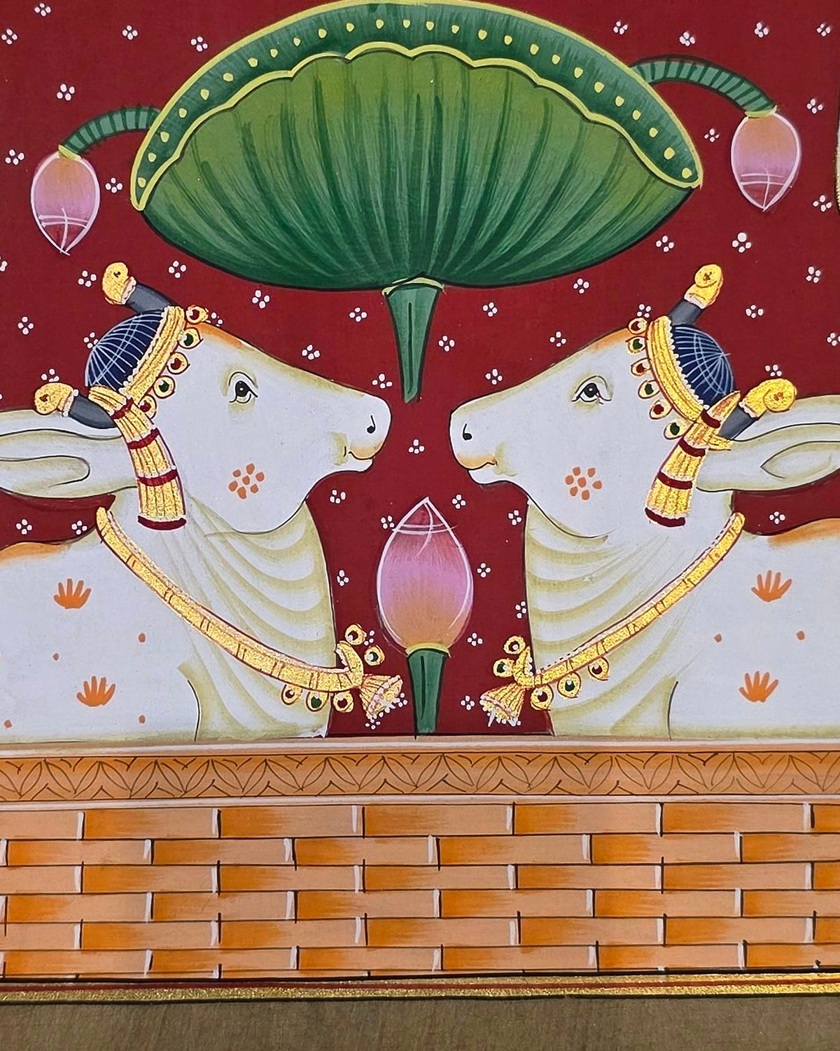 Twin Gaumata Under the Golden Arch - Maroon Pichwai – close-up of hand-painted detail 3