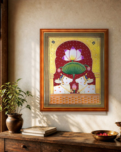 Twin Gaumata Under the Golden Arch - Maroon Pichwai styled on a wall in a teak wood frame (frame sold separately)