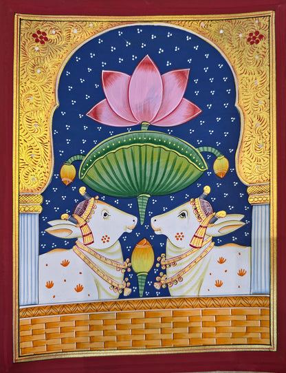 Twin Gaumata Under the Lotus Arch - Navy Pichwai – hand-painted Pichwai on art paper, 11.5 x 14 inch, full view (unframed)