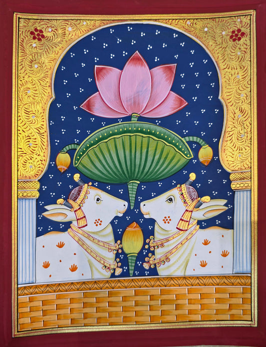 Twin Gaumata Under the Lotus Arch - Navy Pichwai – hand-painted Pichwai on art paper, 11.5 x 14 inch, full view (unframed)