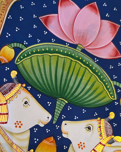 Twin Gaumata Under the Lotus Arch - Navy Pichwai – close-up of hand-painted detail 1