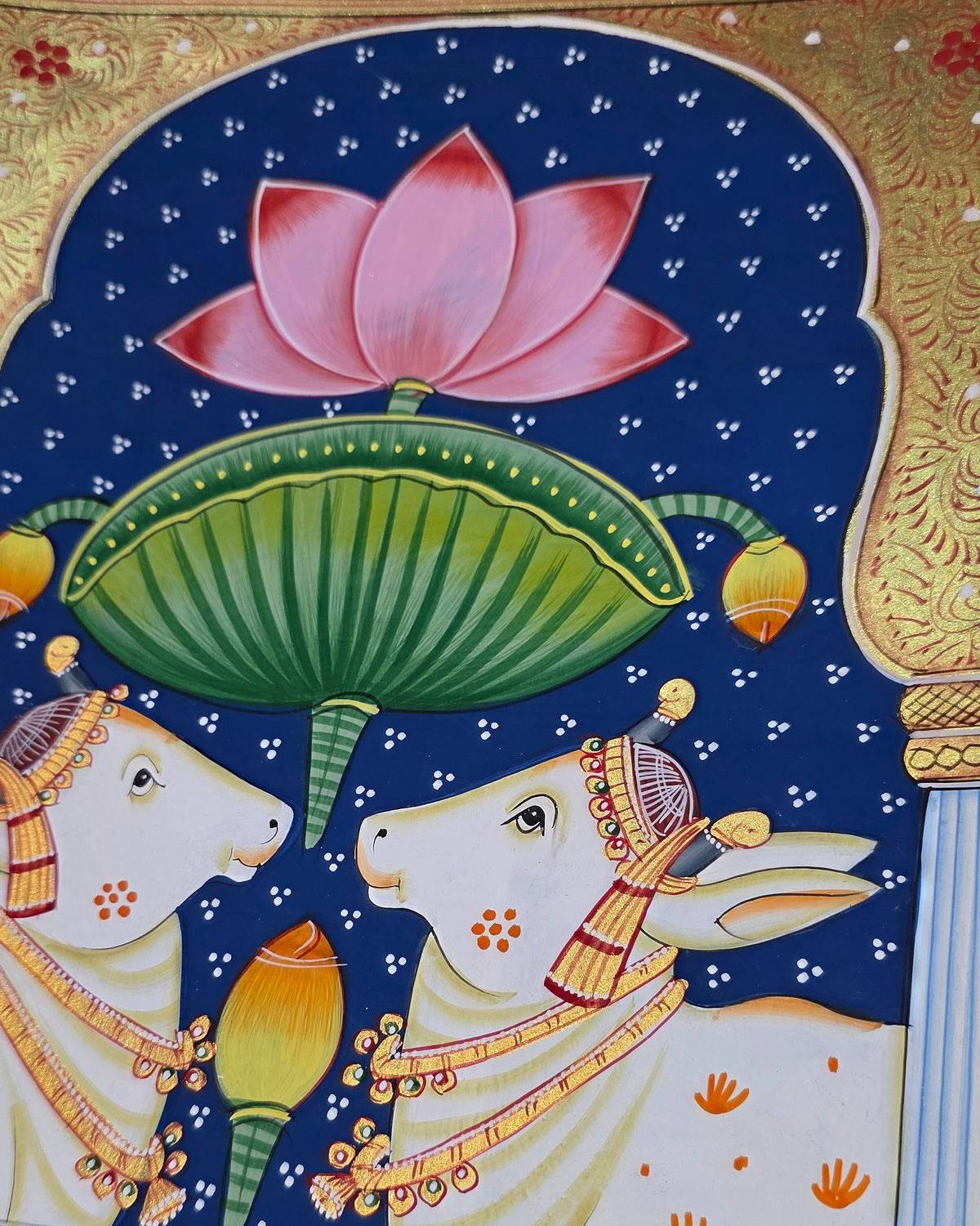 Twin Gaumata Under the Lotus Arch - Navy Pichwai – close-up of hand-painted detail 2