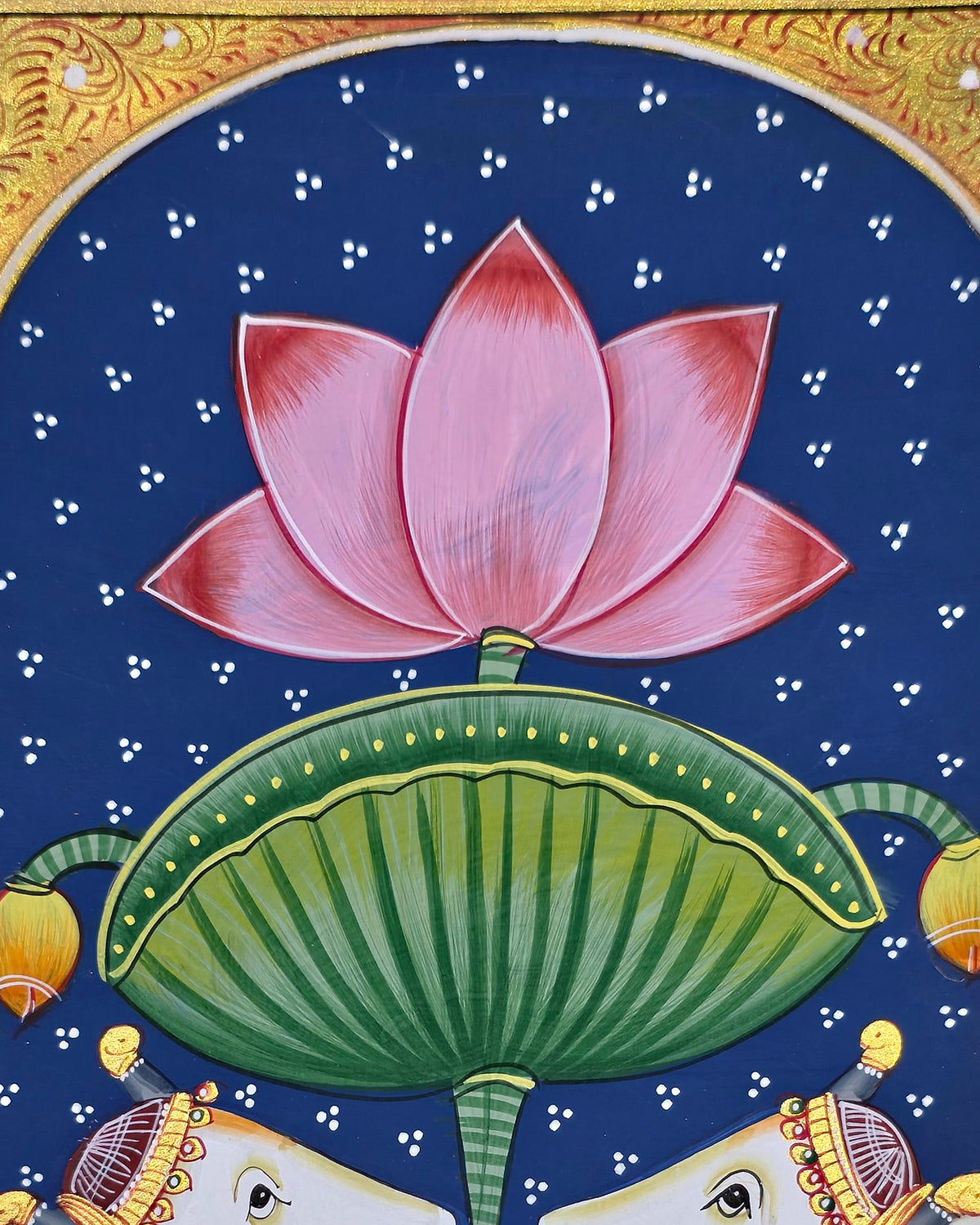 Twin Gaumata Under the Lotus Arch - Navy Pichwai – close-up of hand-painted detail 3