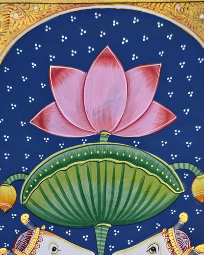 Twin Gaumata Under the Lotus Arch - Navy Pichwai – close-up of hand-painted detail 3