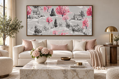 Blush Winter Village floating canvas in a wooden frame, styled in a living room – Royal Atelier, 24 x 12 in