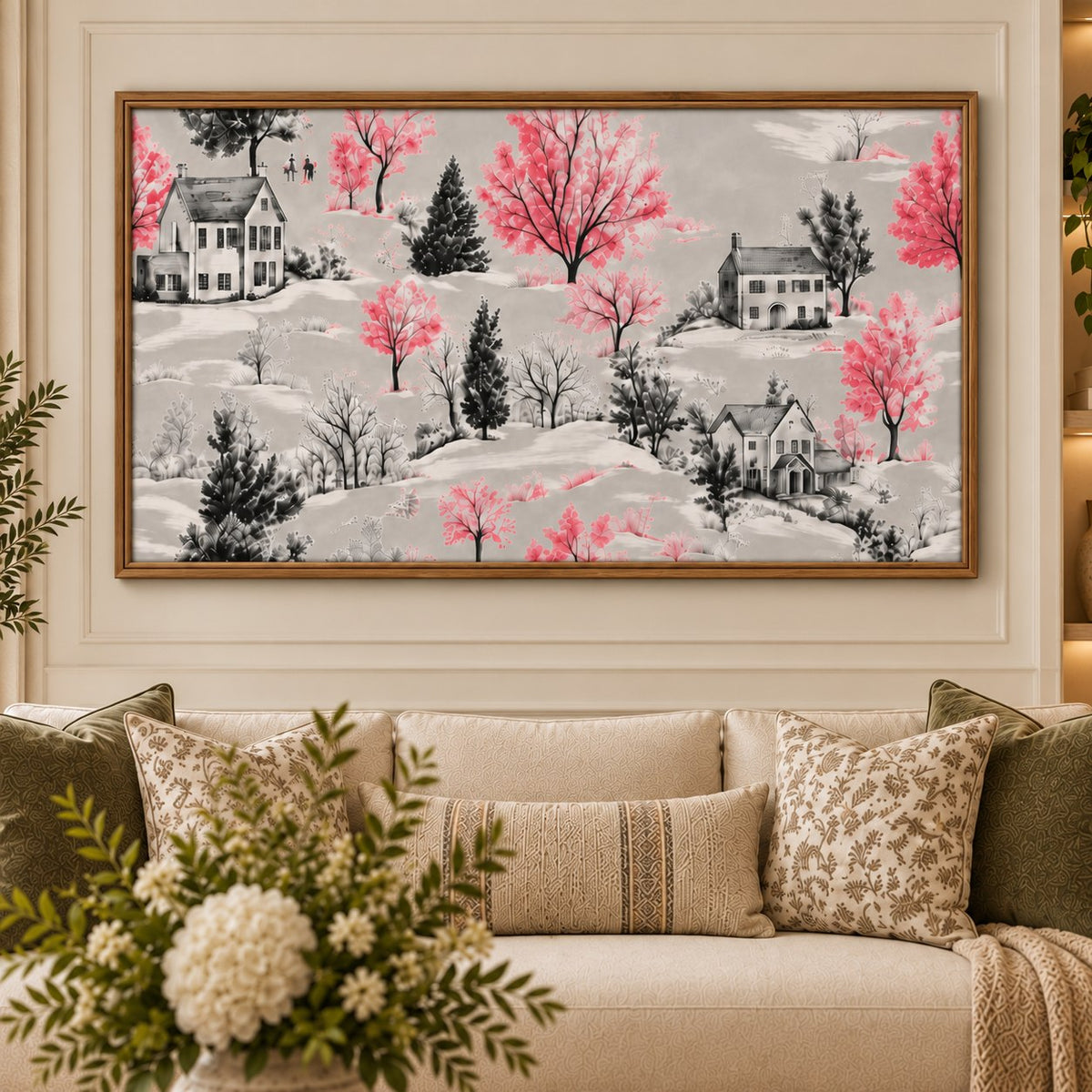 Blush Winter Village floating canvas wall art styled in a luxury interior