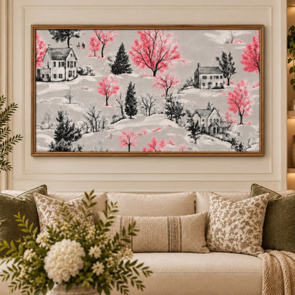 Blush Winter Village floating canvas wall art styled in a luxury interior