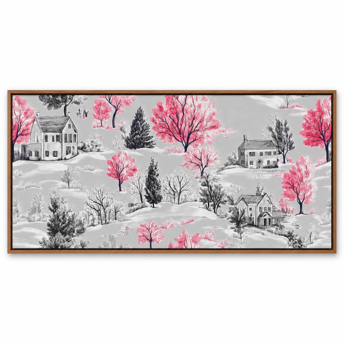 Blush Winter Village – 24 x 12 in floating canvas with wooden float frame