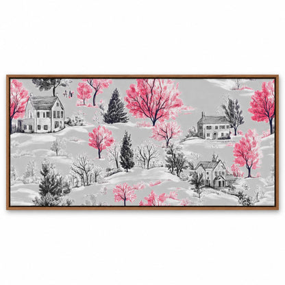 Blush Winter Village – 24 x 12 in floating canvas with wooden float frame
