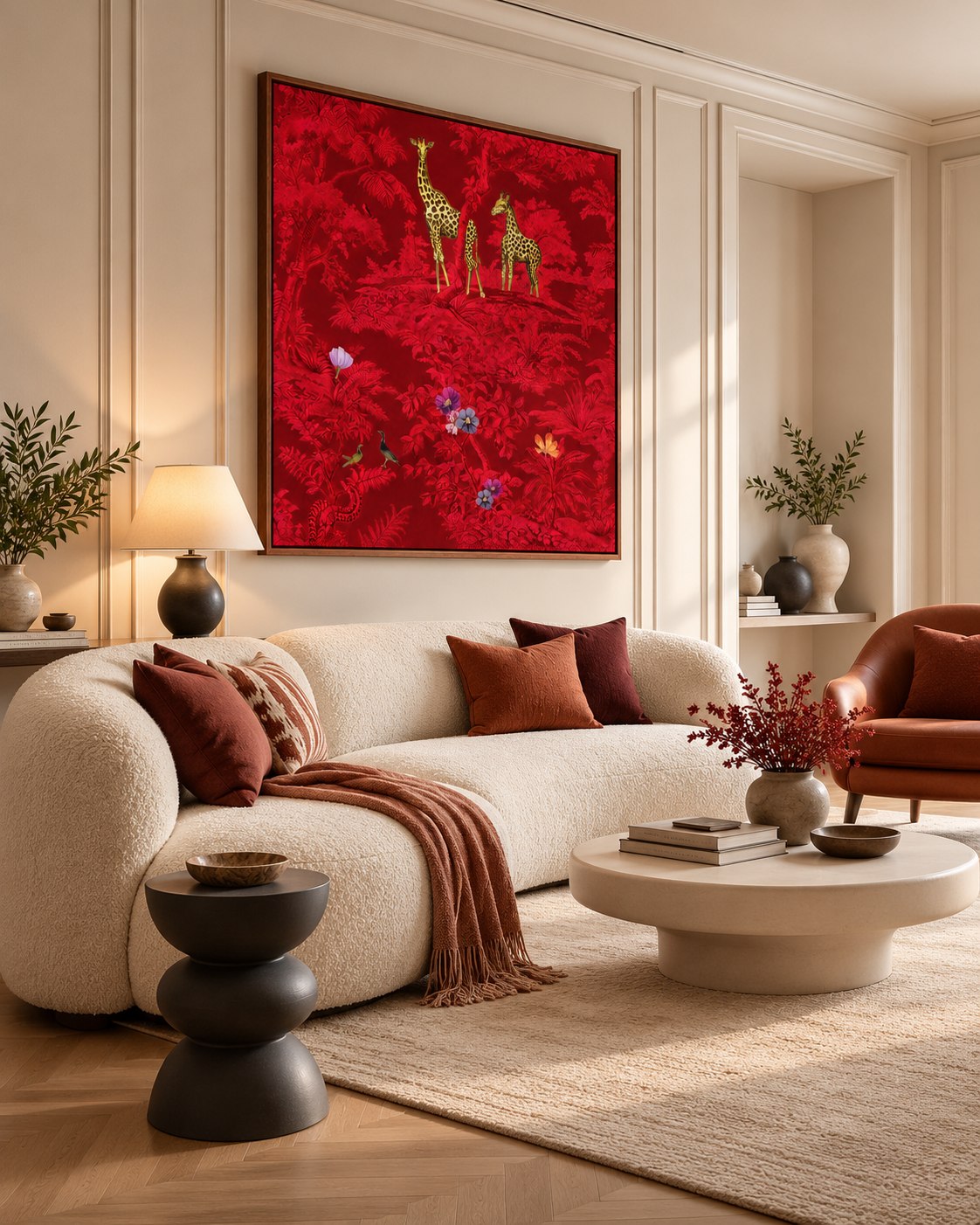 Crimson Savannah floating canvas in a wooden frame, styled in a living room – Royal Atelier, 24 x 24 in