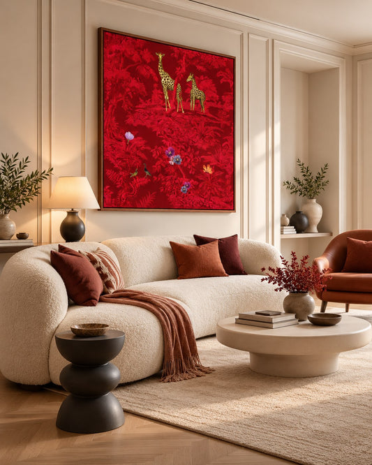 Crimson Savannah floating canvas in a wooden frame, styled in a living room – Royal Atelier, 24 x 24 in