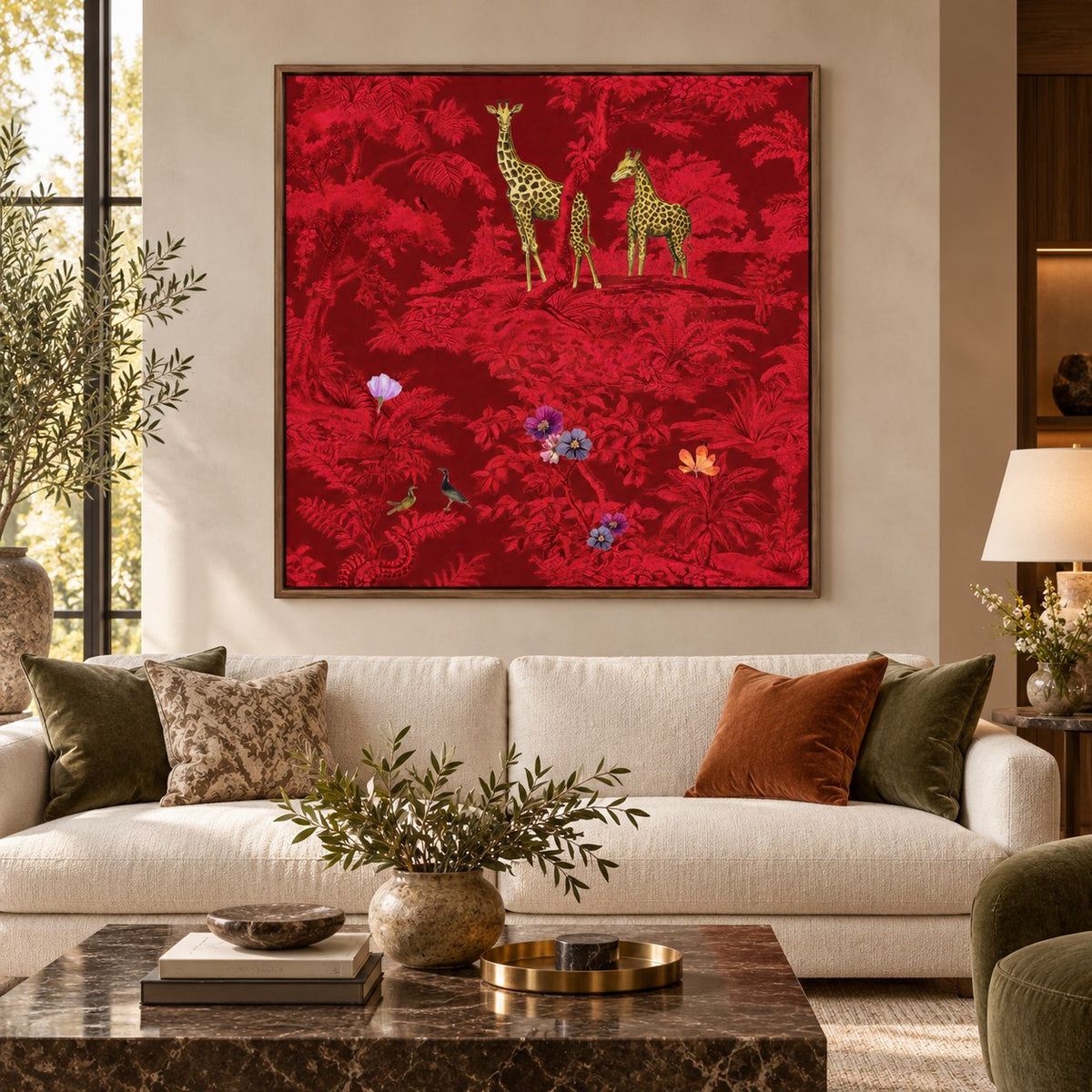 Crimson Savannah floating canvas wall art styled in a luxury interior