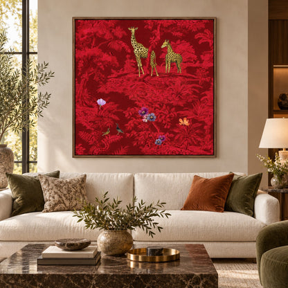 Crimson Savannah floating canvas wall art styled in a luxury interior