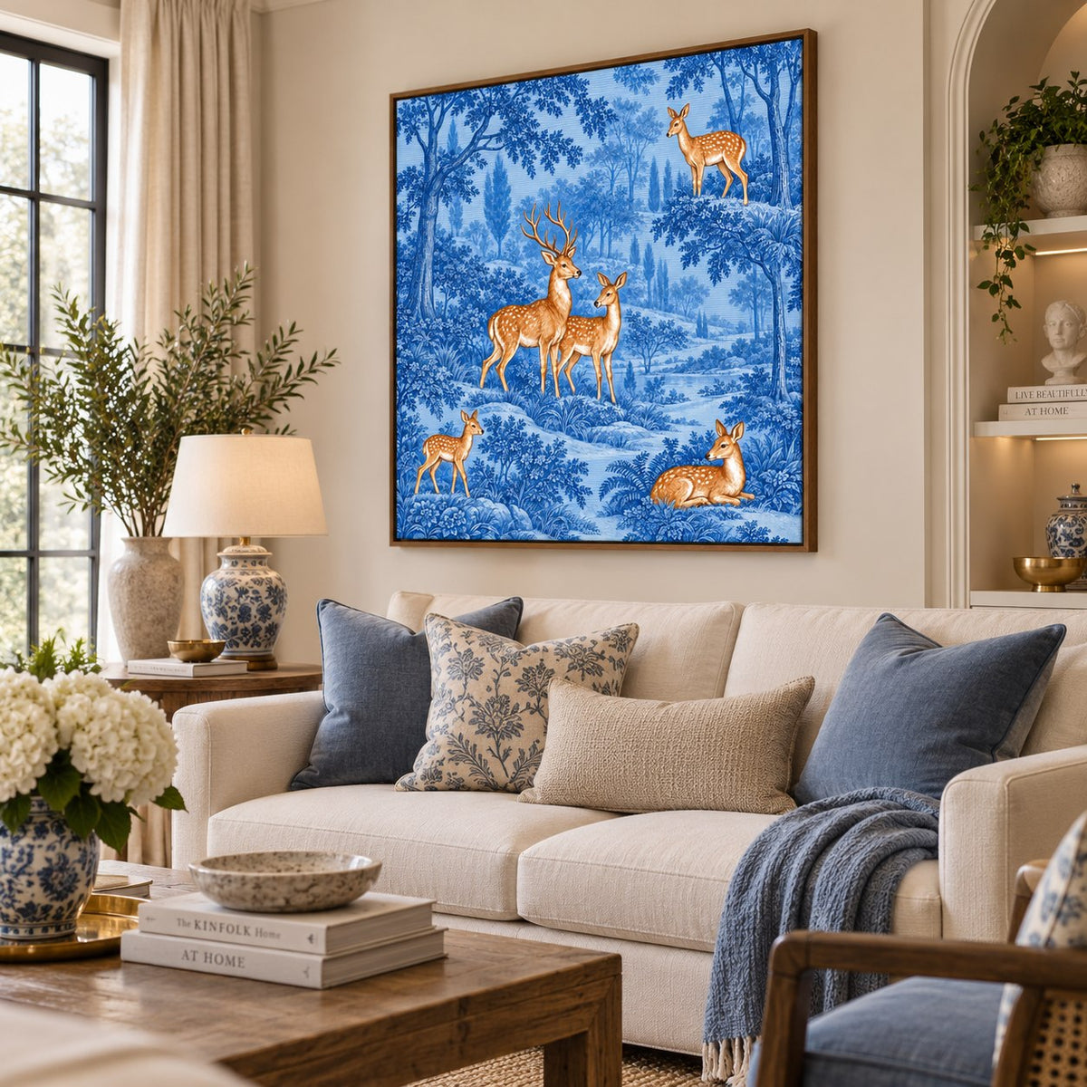 Indigo Deer Forest floating canvas in a wooden frame, styled in a living room – Royal Atelier, 24 x 24 in