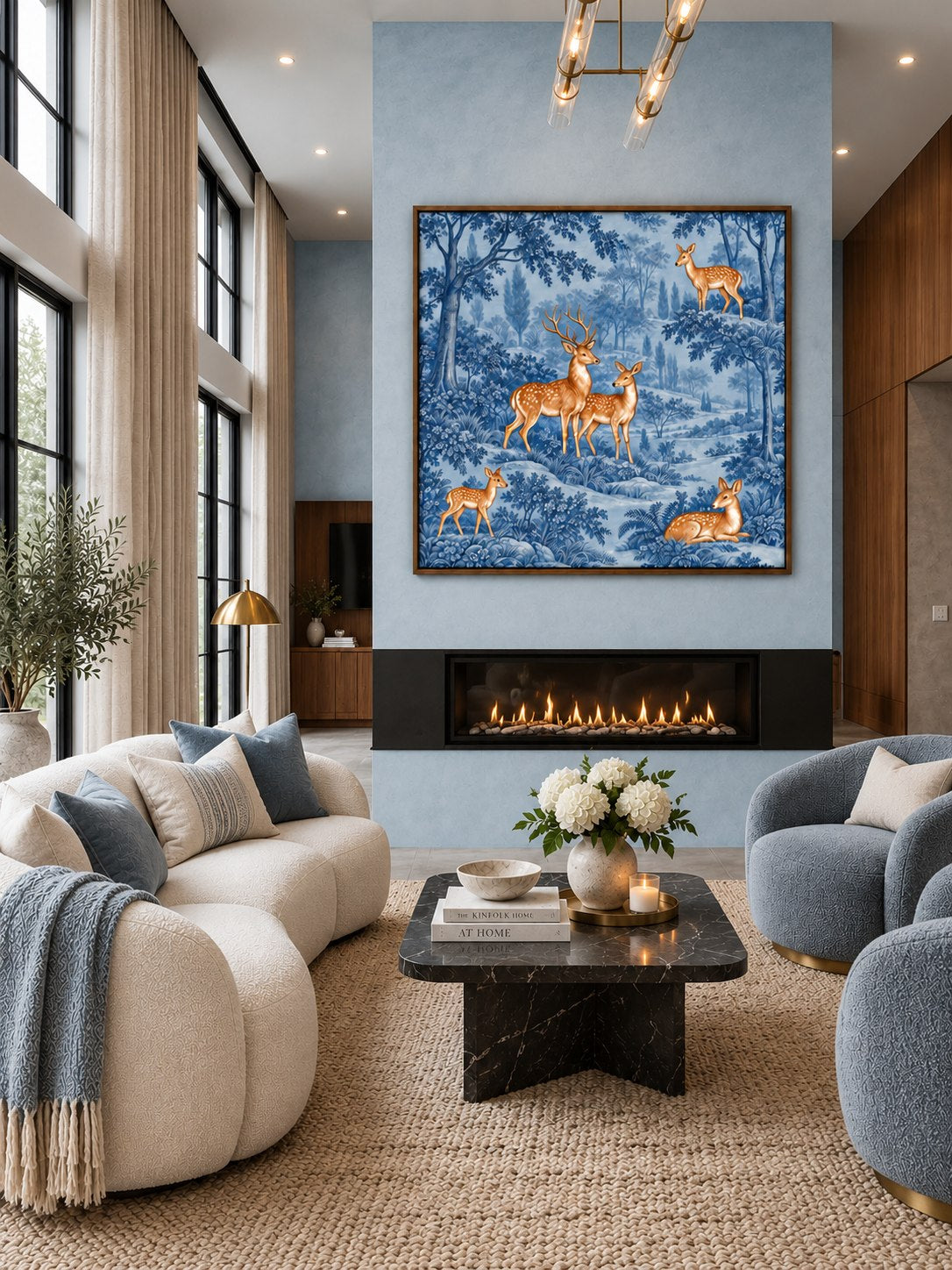 Indigo Deer Forest floating canvas wall art styled in a luxury interior