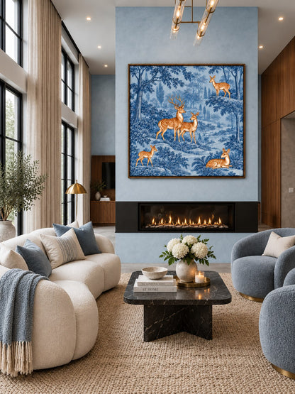 Indigo Deer Forest floating canvas wall art styled in a luxury interior