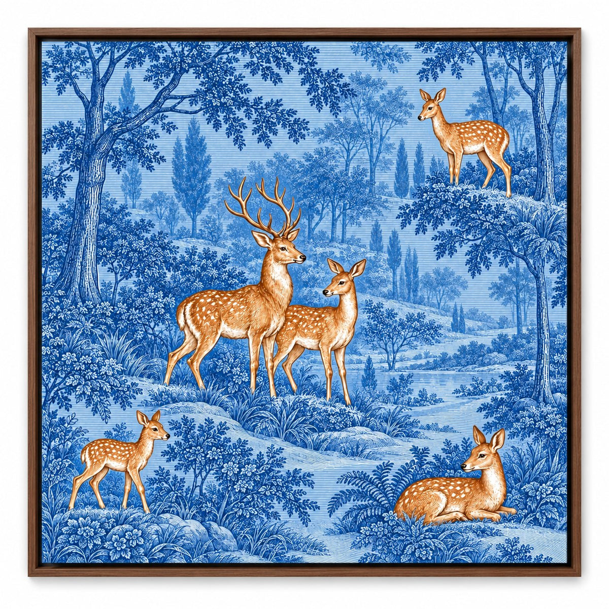 Indigo Deer Forest – 24 x 24 in floating canvas with wooden float frame
