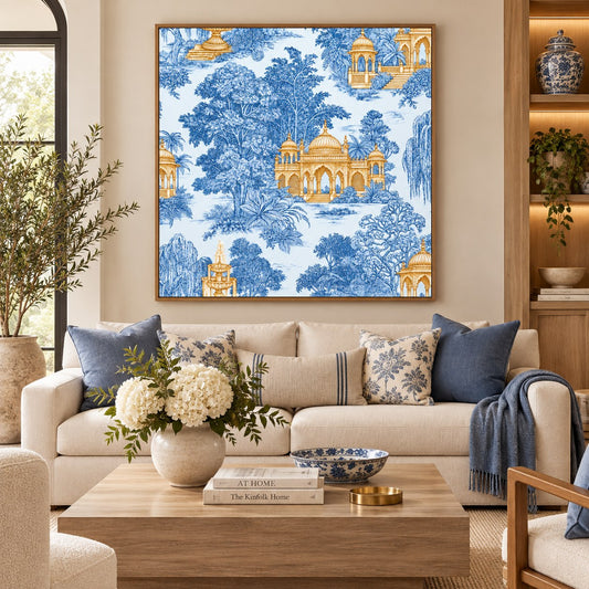 Indigo Palace Pavilions floating canvas in a wooden frame, styled in a living room – Royal Atelier, 24 x 24 in