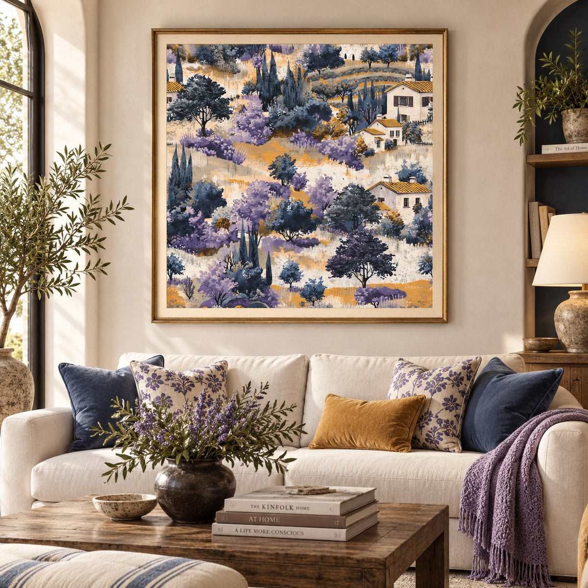 Lavender Hills of Provence floating canvas in a wooden frame, styled in a living room – Royal Atelier, 24 x 24 in