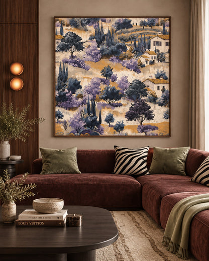 Lavender Hills of Provence floating canvas wall art styled in a luxury interior