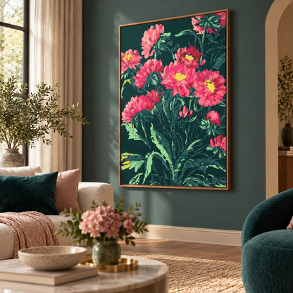 Midnight Dahlias floating canvas in a wooden frame, styled in a living room – Royal Atelier, 24 x 32 in