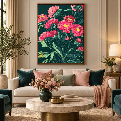 Midnight Dahlias floating canvas wall art styled in a luxury interior