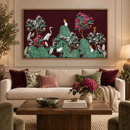Plum Chinoiserie Aviary floating canvas in a wooden frame, styled in a living room – Royal Atelier, 24 x 12 in