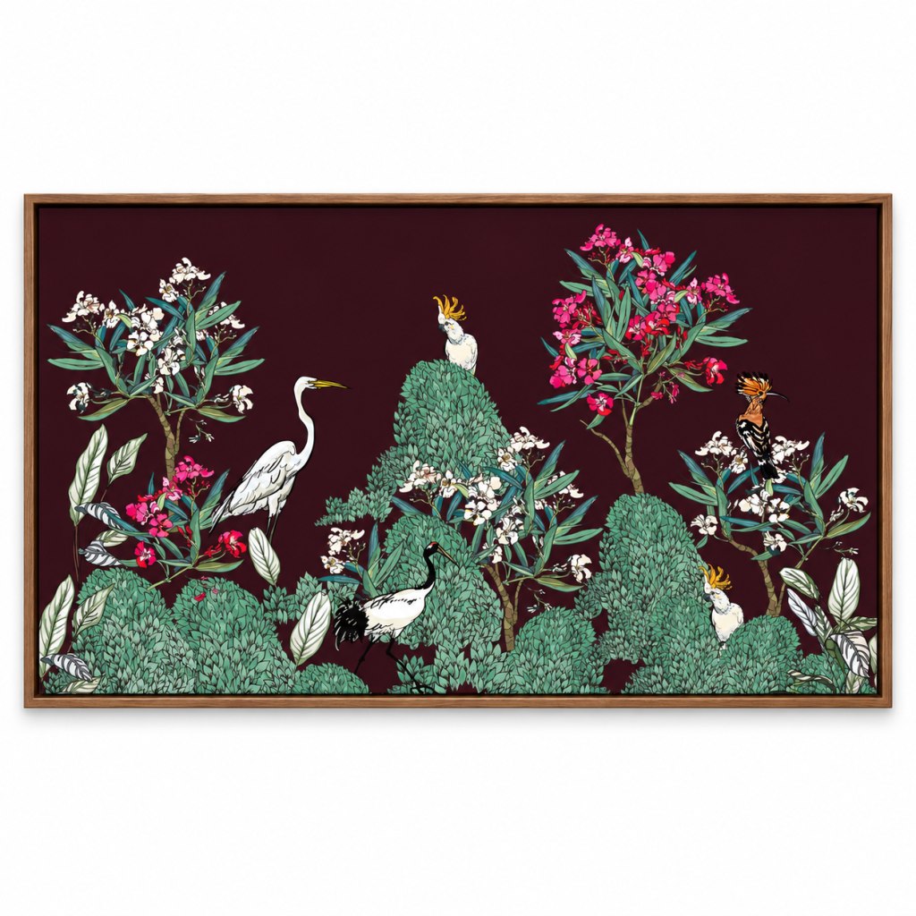 Plum Chinoiserie Aviary – 24 x 12 in floating canvas with wooden float frame