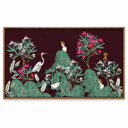 Plum Chinoiserie Aviary – 24 x 12 in floating canvas with wooden float frame