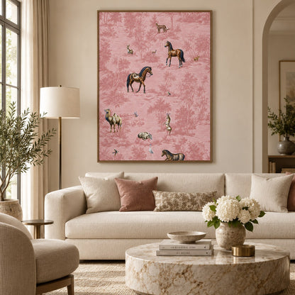 Rose Safari floating canvas in a wooden frame, styled in a living room – Royal Atelier, 24 x 32 in