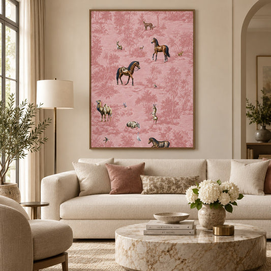 Rose Safari floating canvas in a wooden frame, styled in a living room – Royal Atelier, 24 x 32 in