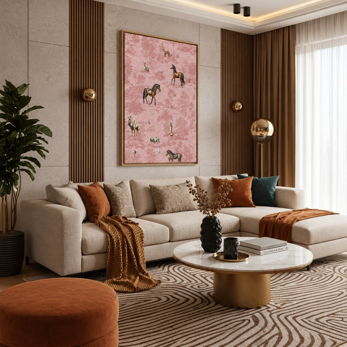 Rose Safari floating canvas wall art styled in a luxury interior