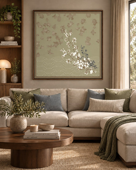 Sage Sakura floating canvas in a wooden frame, styled in a living room – Royal Atelier, 24 x 24 in