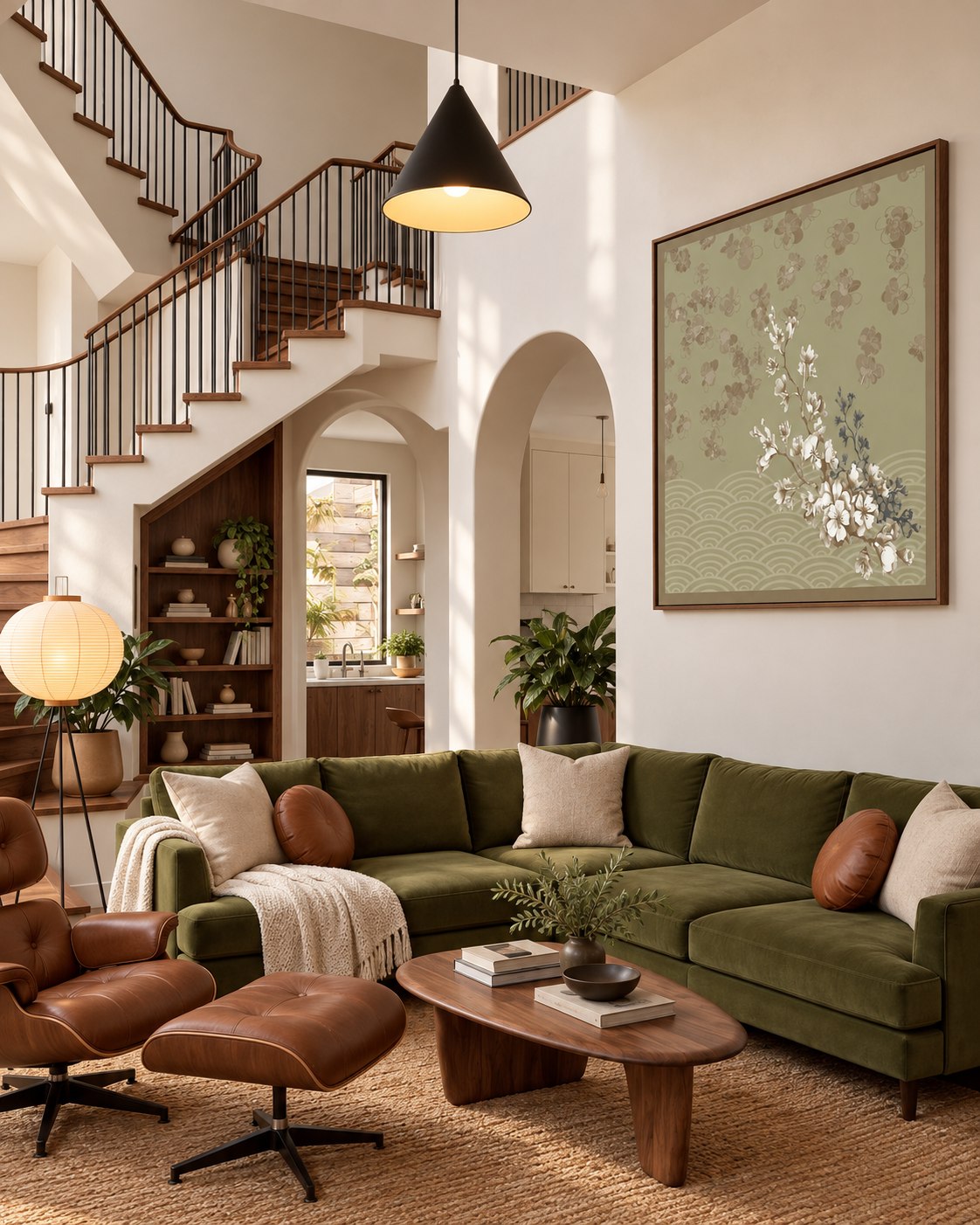 Sage Sakura floating canvas wall art styled in a luxury interior
