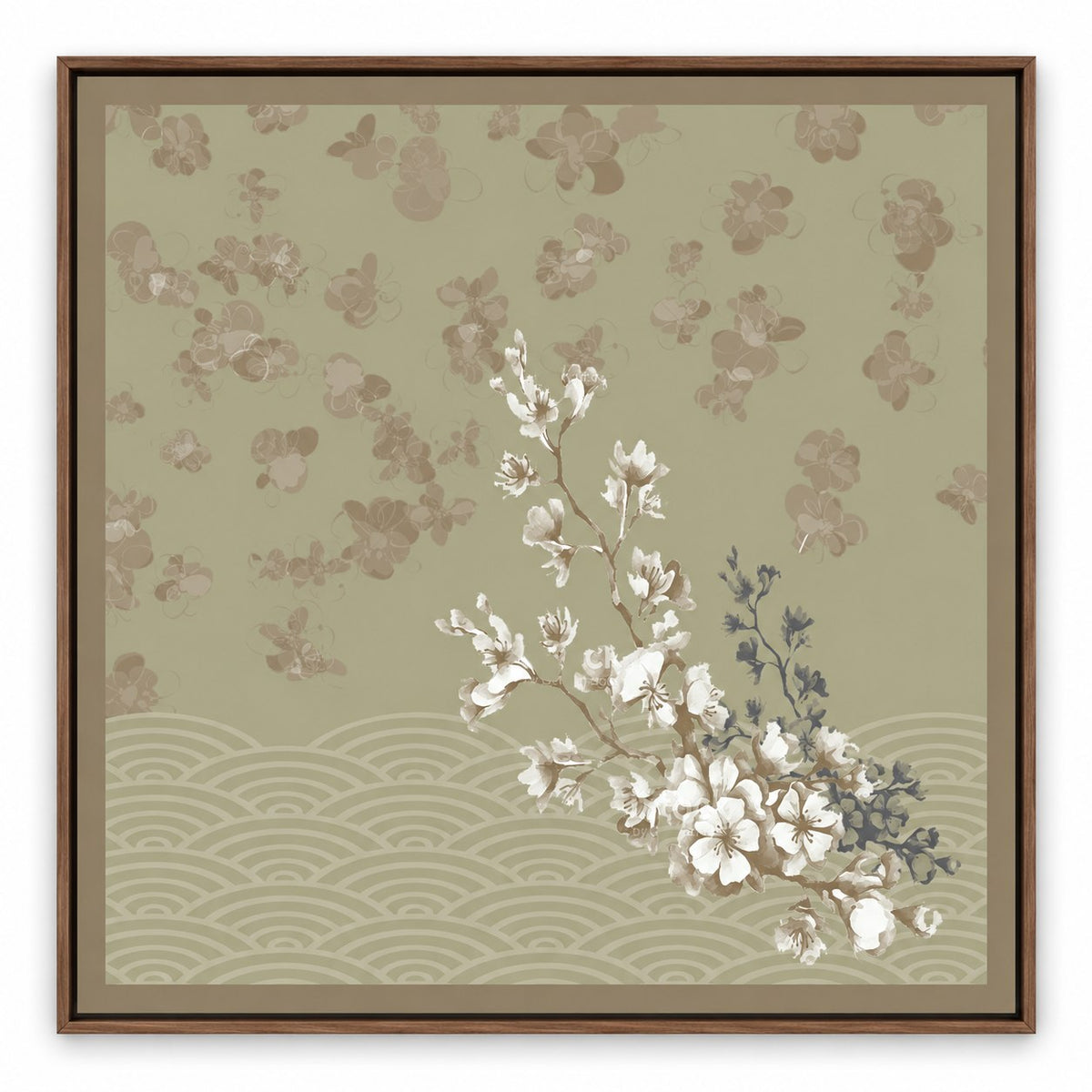 Sage Sakura – 24 x 24 in floating canvas with wooden float frame