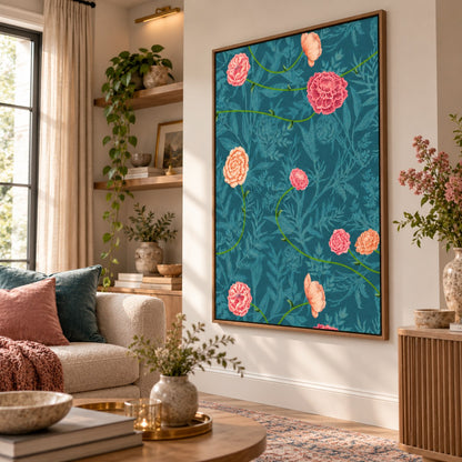 Teal Carnation Trellis floating canvas in a wooden frame, styled in a living room – Royal Atelier, 24 x 32 in