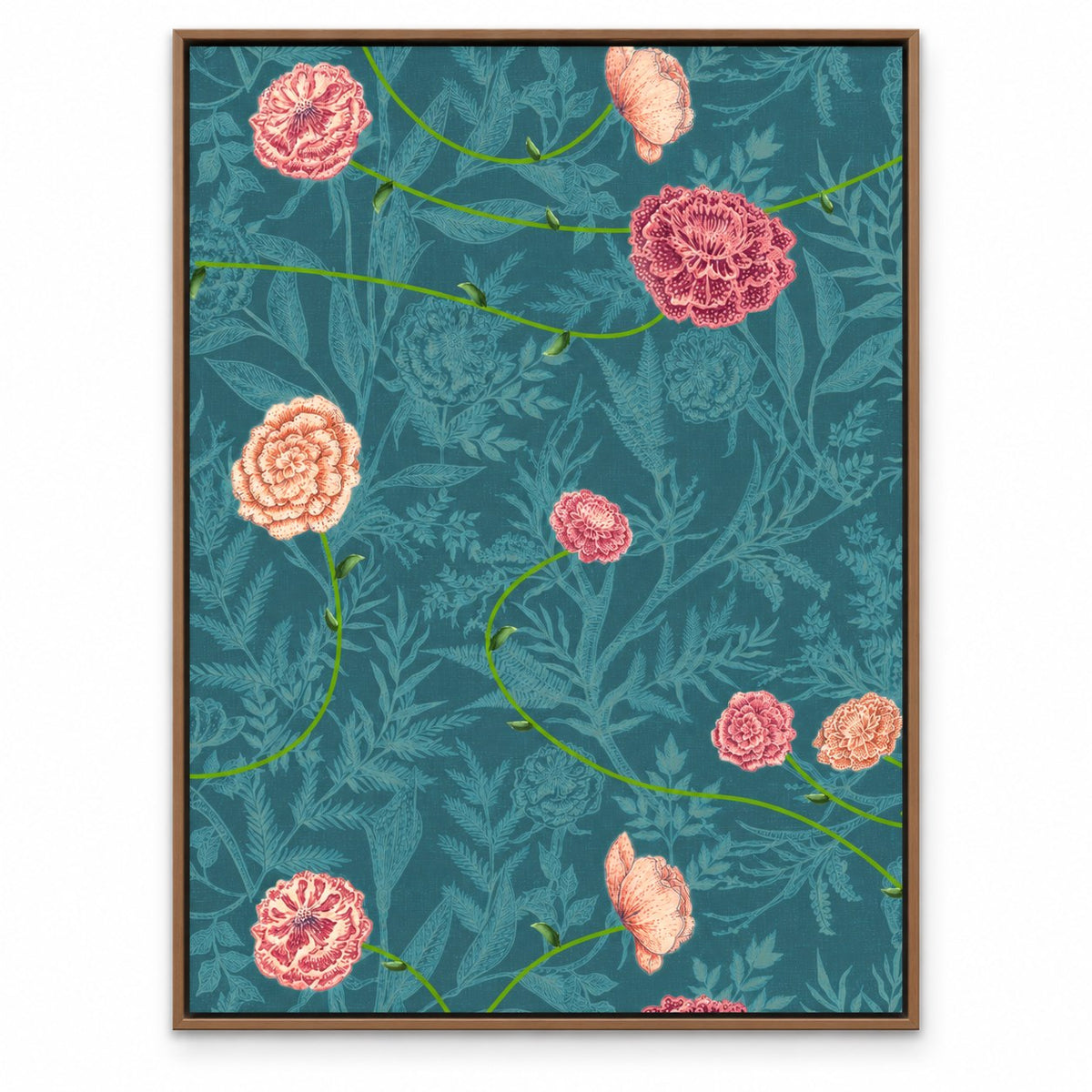Teal Carnation Trellis – 24 x 32 in floating canvas with wooden float frame