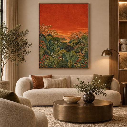 Vermilion Dusk floating canvas in a wooden frame, styled in a living room – Royal Atelier, 24 x 32 in