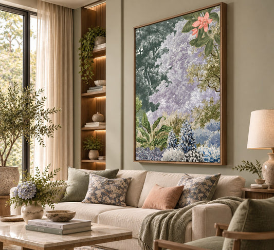 Wisteria Reverie floating canvas in a wooden frame, styled in a living room – Royal Atelier, 24 x 32 in