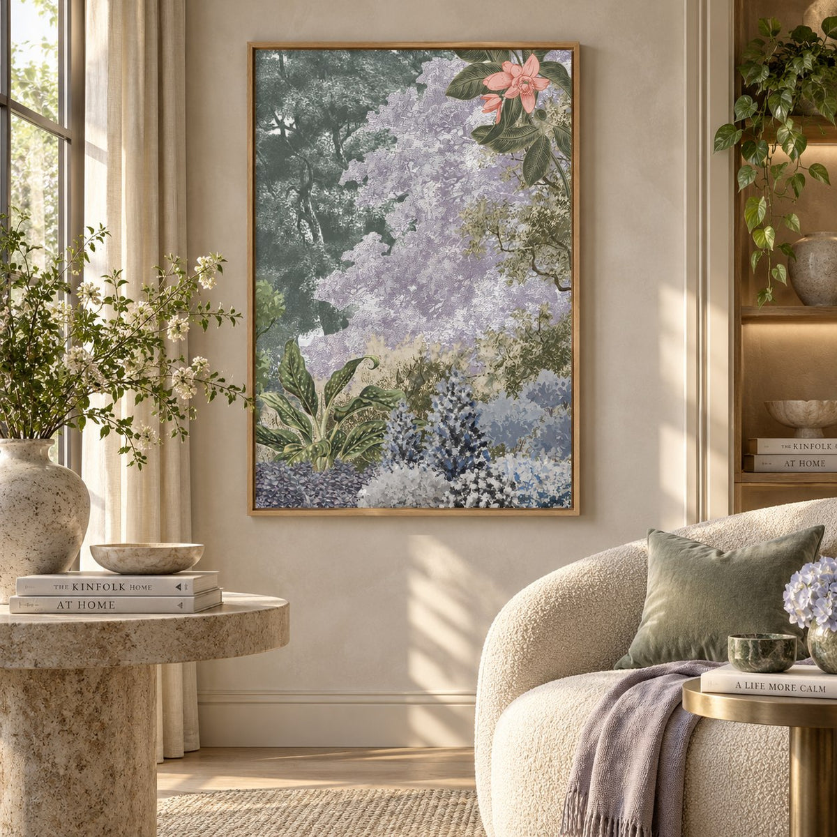 Wisteria Reverie floating canvas wall art styled in a luxury interior