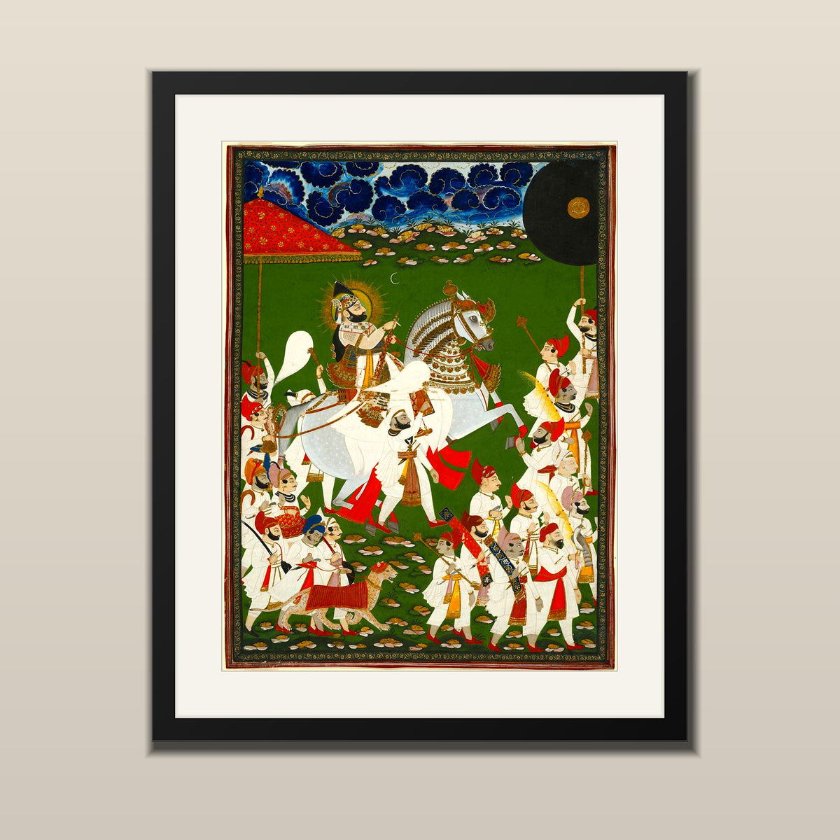 Rajasthani painting of a Maharaja on a white horse in a royal procession with courtiers, in a black frame with white mount