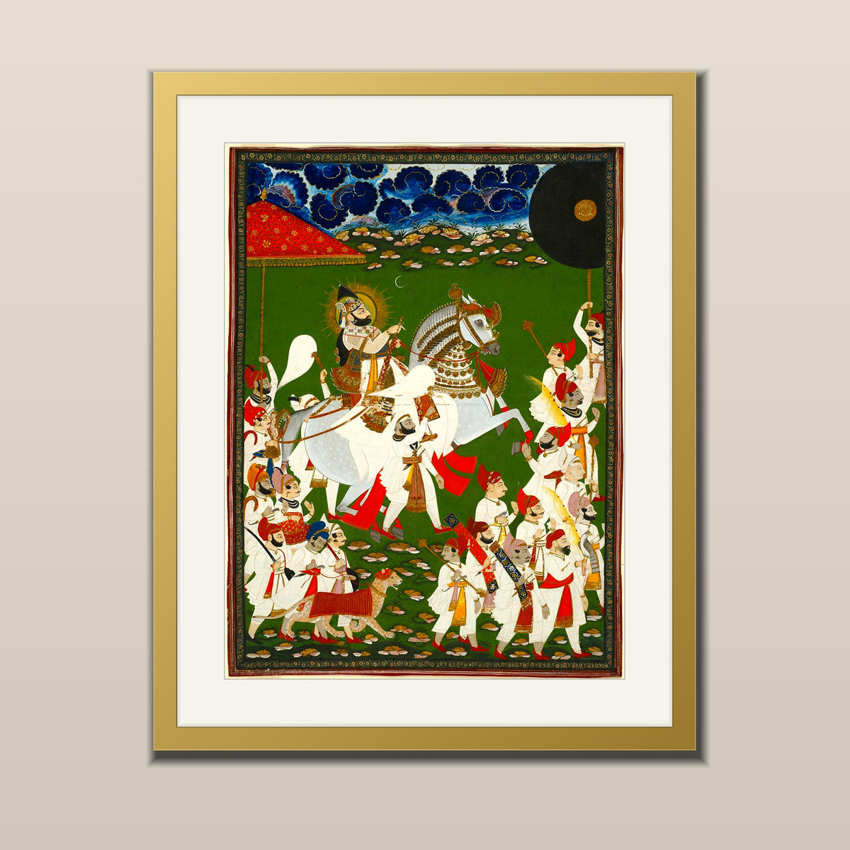Royal Procession of the Maharaja art print in a gold metal frame with white mount